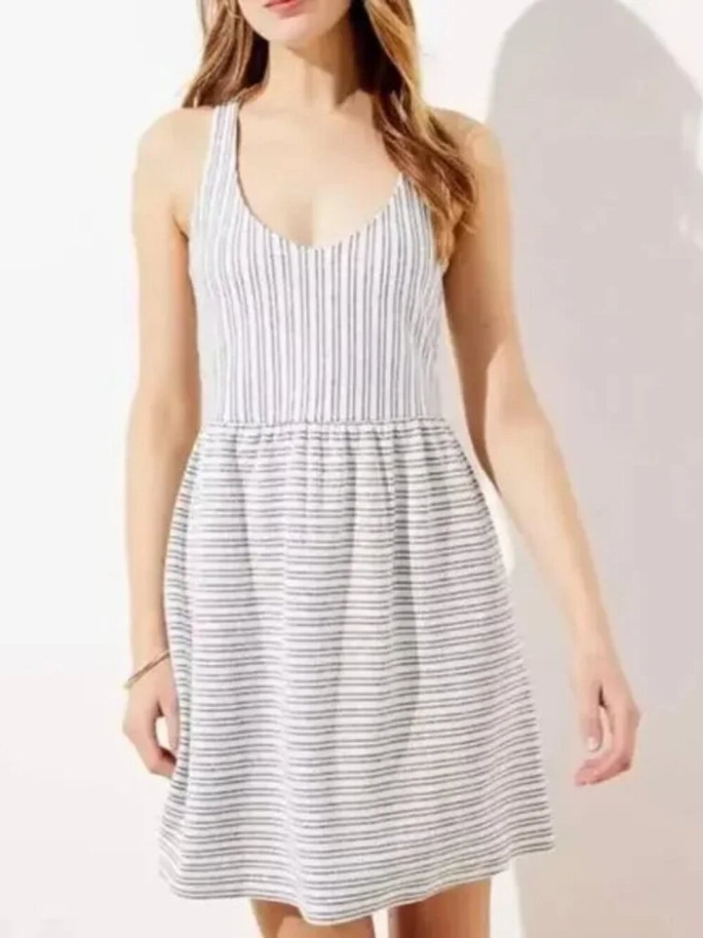 LOFT NWT Beach White Gray Striped Nautical Criss Cross Back Summer Dress